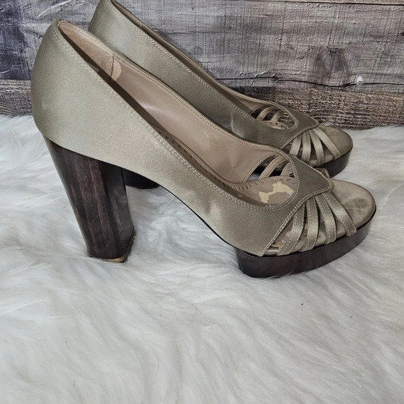 Stella McCartney Taupe Silk Wooden Heel Platform Pumps EU 38 - Picture 4 of 16